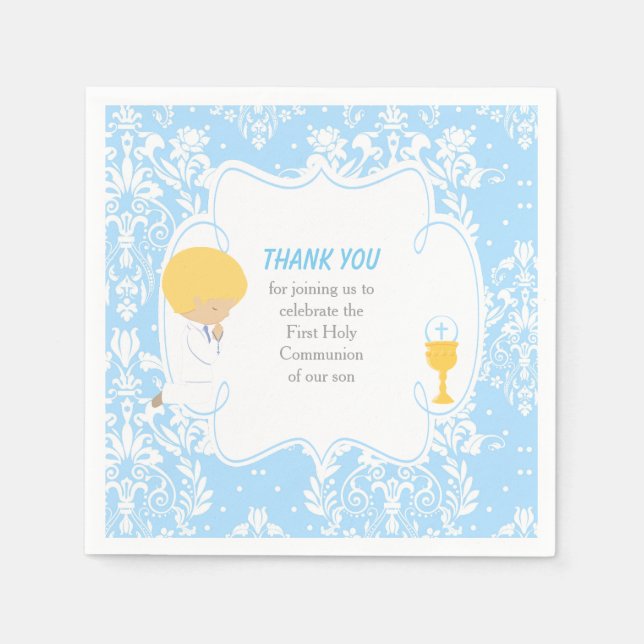 Erstkommunion Blonde Boy Blue Damask Serviette (Vorderseite)