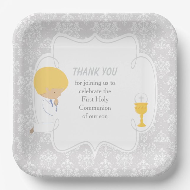 Erstkommunion Blonde Boy Silver Damask Pappteller (Vorderseite)