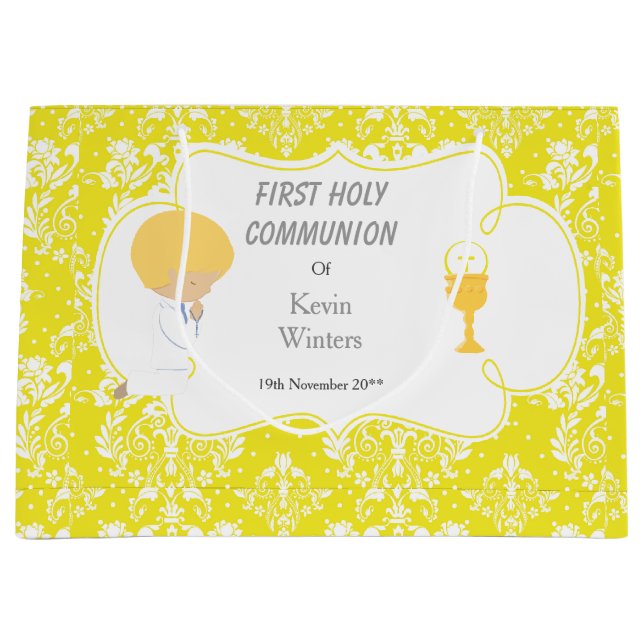 Erstkommunion Blonde Boy Yellow Damask Große Geschenktüte (Vorderseite)