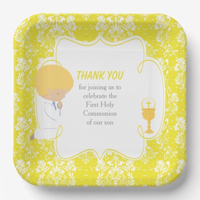 Erstkommunion Blonde Boy Yellow Damask Pappteller (Vorderseite)