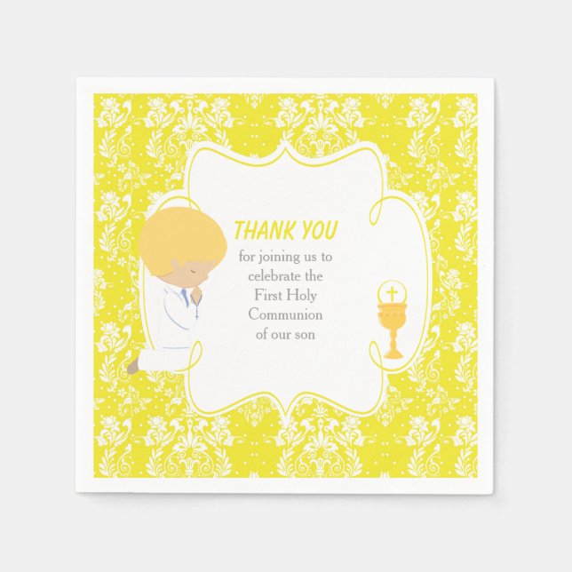 Erstkommunion Blonde Boy Yellow Damask Serviette (Vorderseite)