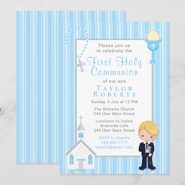 Erstkommunion Blue Stripes Blonde Hair Boy Invit Einladung (Vorne/Hinten)