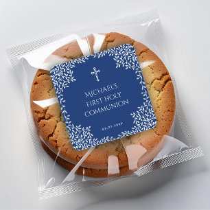 Erstkommunion Boy Royalblaue Faux Silber Blätter Quadratischer Aufkleber