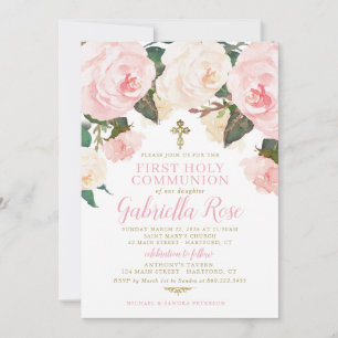 Erstkommunion-Einladung, Rosa Blumen Gold Einladung