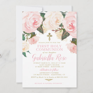 Erstkommunion-Einladung, Rosa Blumen Gold Einladung