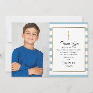 Erstkommunion-Foto mit blau gestreiftem Goldkreuz Dankeskarte