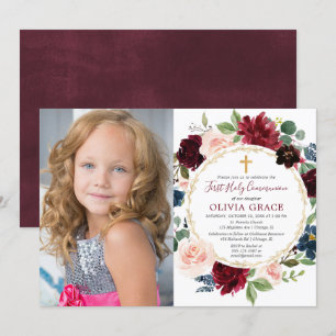 Erstkommunion Girl burgundy blütenblaues Foto Einladung