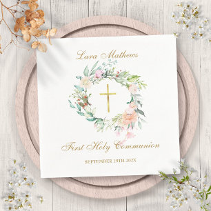 Erstkommunion Goldkreuz Blumenkranz Serviette