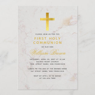 Erstkommunion Goldkreuz Marmor Elegante Schrift Einladung