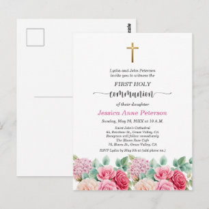 Erstkommunion Goldkreuz Rosen Floral für Mädchen Postkarte