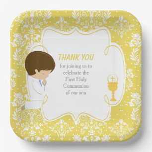 Erstkommunion Junge mit braunen Haaren Gold Damast Pappteller