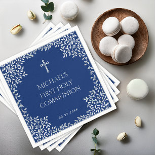 Erstkommunion Jungen Royal Blau Silber Blätter Kre Serviette