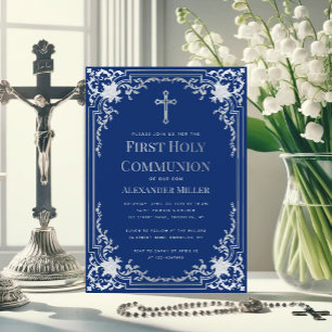 Erstkommunion Jungen Royalblaue Faux Silber Kreuz Einladung