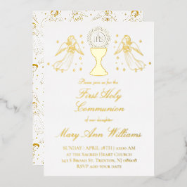 Erstkommunion katholische Mädchen goldene Engel De Folieneinladung