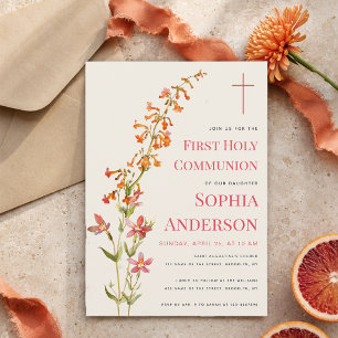 Erstkommunion Mädchen Florale Aquarell-Wildblumen Einladung
