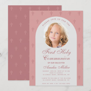 Erstkommunion Mädchen Foto Dusty Rose Bogen Modern Einladung