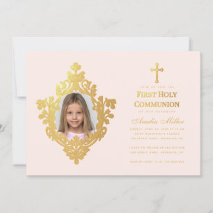 Erstkommunion Mädchen Foto Elegant Rosa Faux Gold Einladung