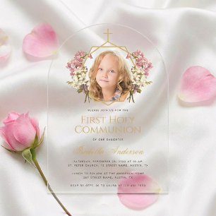Erstkommunion Mädchen Foto Floral Rosa Gold Kreuz Acryleinladungen