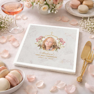 Erstkommunion Mädchen Foto Marmor Gold Rosa Orchid Serviette