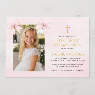 Erstkommunion Mädchen Foto Rosa Schleifen Gold Kre Einladung
