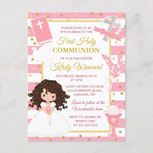 Erstkommunion Mädchen mit braunen Haaren und rosa  Postkarte