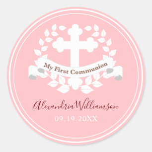 Erstkommunion Mädchen Rosa Klassischer Rundaufkleb Runder Aufkleber