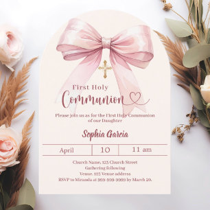 Erstkommunion Mädchen Rosa Schleife Creme Einladung