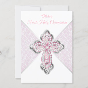 Erstkommunion Mädchen Rosa Spitze Kreuz Einladung