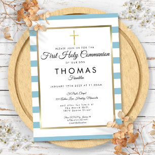 Erstkommunion mit blau gestreiftem Goldkreuz Einladung