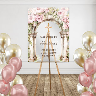 Erstkommunion Rosa Blumenbogen Kreuz Willkommen Acrylschild