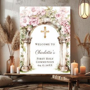Erstkommunion Rosa Blumenbogen Kreuz Willkommen Poster