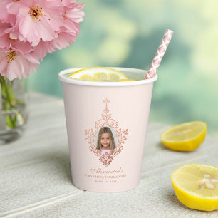 Erstkommunion Rosa Mädchen Foto Roségold Kreuz Pappbecher