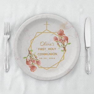 Erstkommunion Rosa Magnolie Marmor Gold floral Pappteller