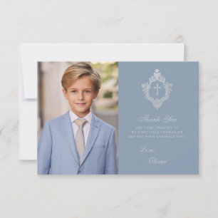 Erstkommunion Staubblau Eleganter Junge Foto Wappe Dankeskarte