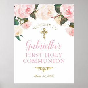 Erstkommunion & Taufe, Rosa Blumen Gold Poster