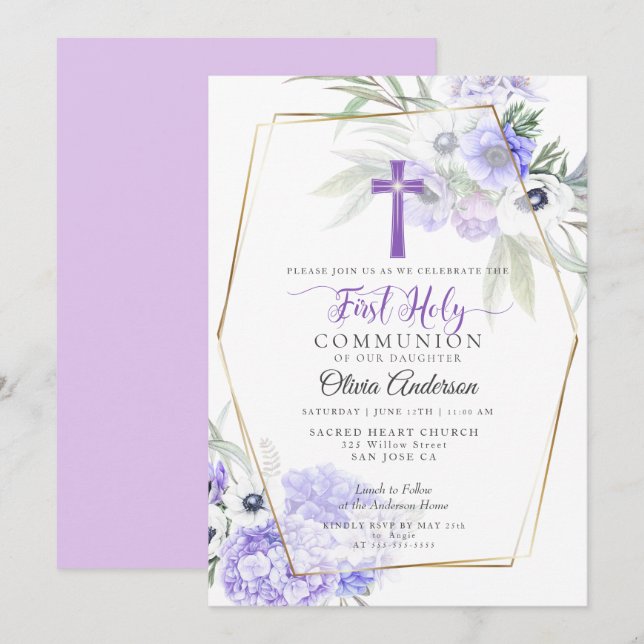 Erstkommunion | Violet Anemone Floral Cross Einladung (Vorne/Hinten)