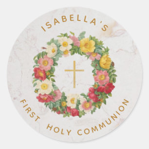 Erstkommunionkreuz in Rosenkranz aus Marmor Runder Aufkleber