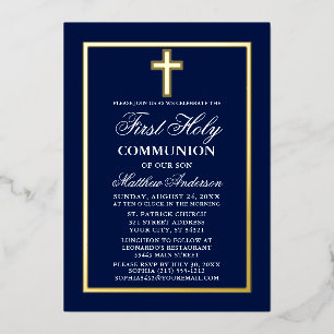 Erstkommunionkreuz Navyblau Gold Folieneinladung