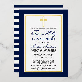 Erstmalige Kommunion Blue Stripes Cross Gold Folieneinladung