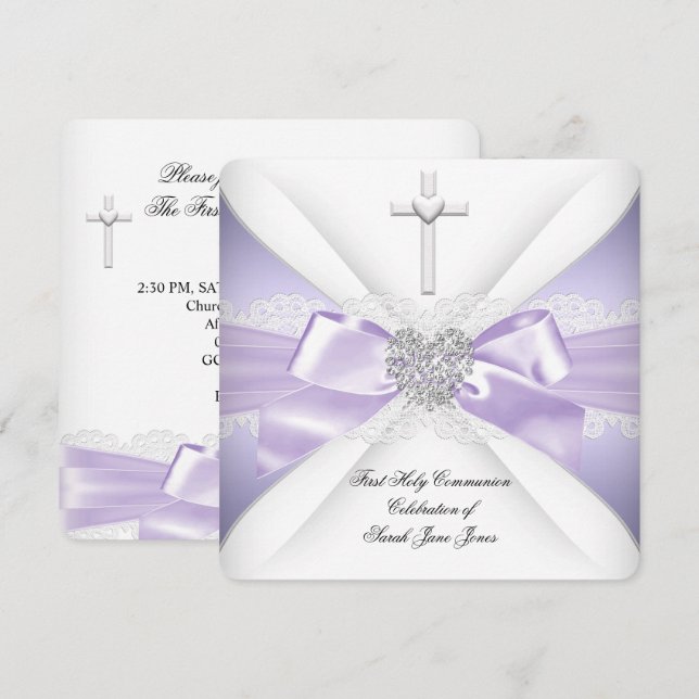 Erstmalige Kommunion Lavender Silver Heart Girl Einladung (Vorne/Hinten)