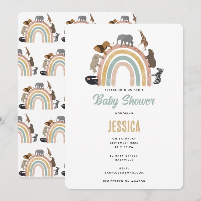 Erthy Colors Rainbow Jungle Animals Baby Shower Einladung (Vorne/Hinten)