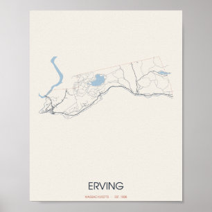 Erving Massachusetts Straßenkarte Poster – Gegr. 1
