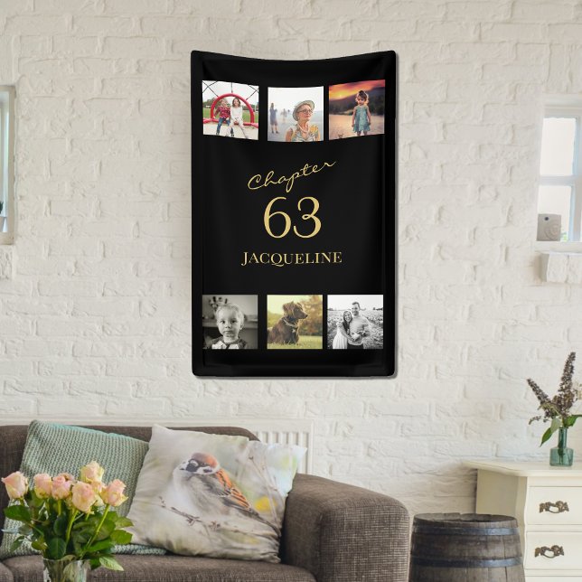 Erwachsene 6 Foto Schwarz und Gold jedes Alters Ge Banner (Black and gold 6 photo birthday wall banner. Any age.)