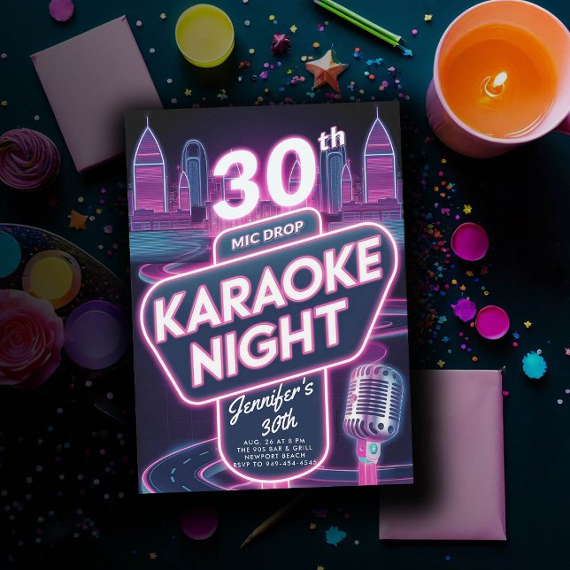 Erwachsene Karaoke 90er Neon Pink Glow 30. Geburts Einladung (90s neon glow arcade pink birthday invitation for women millennial y2k)