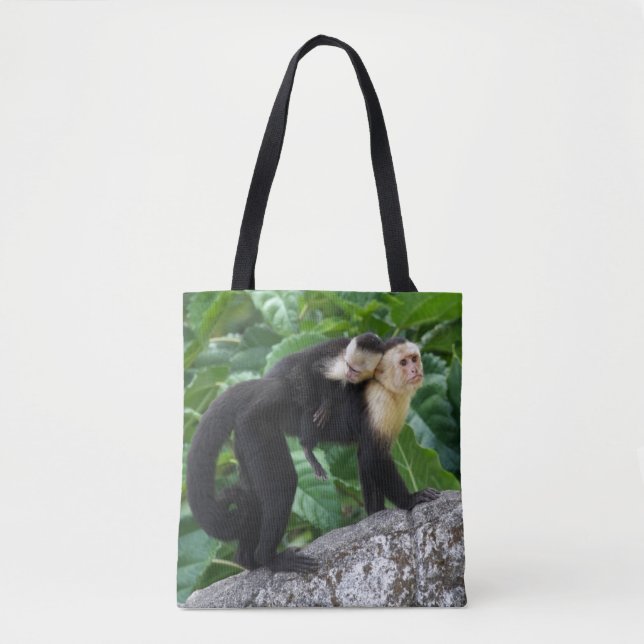 Erwachsener Capuchin-Affe-tragendes Baby auf Tasche (Vorderseite)