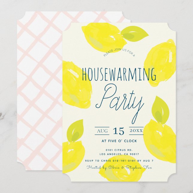 Erwärmung-Party von Hand bemalt Lemon Pink House Einladung (Vorne/Hinten)