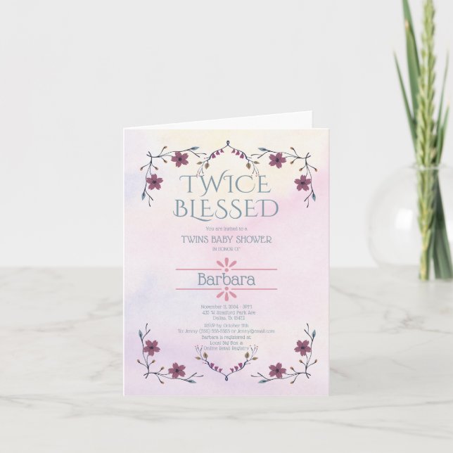 Erwartete Twins: Boho floral & lavender Wasserfarb Einladung (Vorderseite)