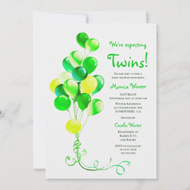 Erwartung der Twins Green Balloons Babydusche Einladung (Vorderseite)