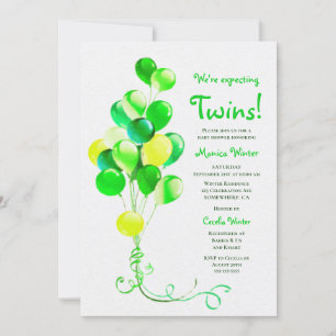 Erwartung der Twins Green Balloons Babydusche Einladung