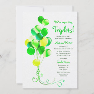 Erwartung von Triplets Green Balloons Babydusche Einladung